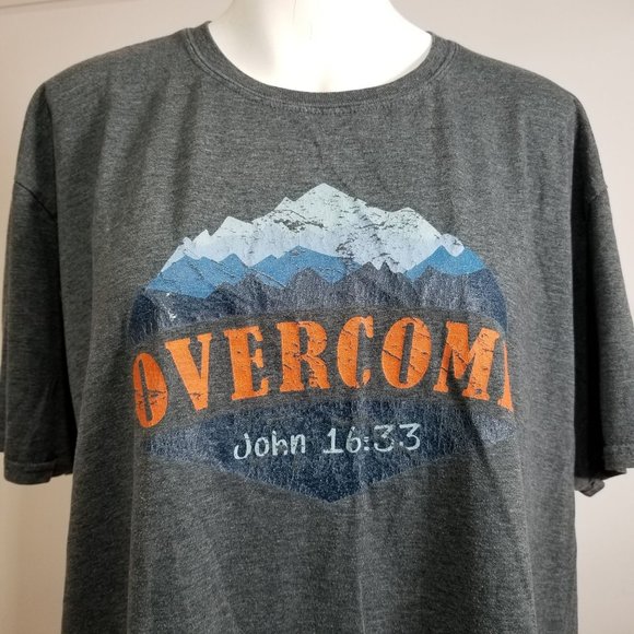 Overcome Religious Church T-Shirt John 16:33 XL 2018 Grey Charcoal Shirt Cotton - Picture 1 of 9